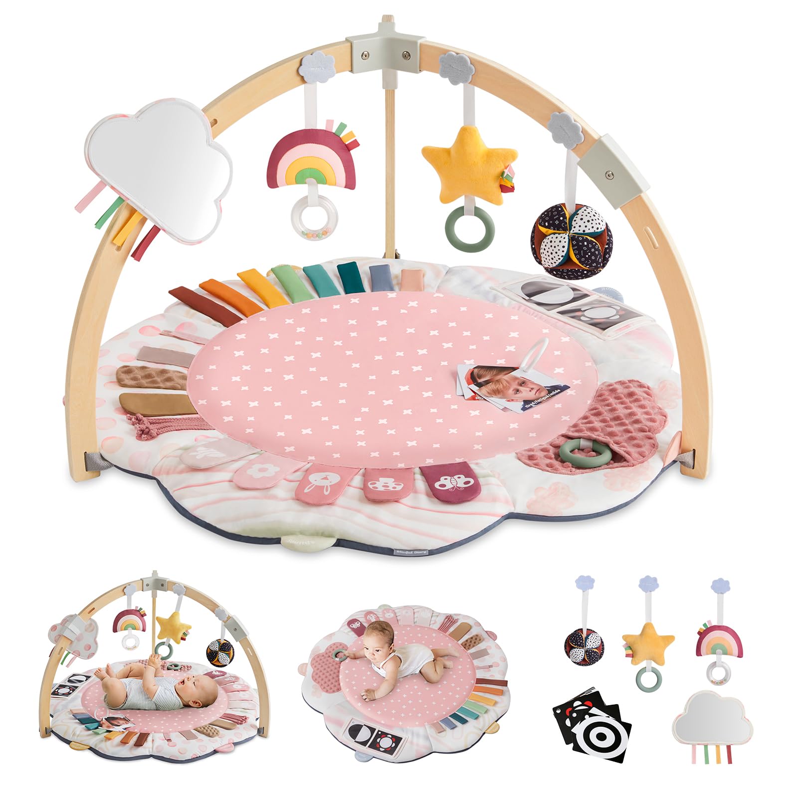 Photo 1 of Blissful Diary Baby Play Gym & Activity Mat, 5 Developmental Zones Wooden Tummy Time Mat with 5 Detachable Sensory Toys for Motor Skills & Sensory Development, Baby Essentials Shower Gift, Pink Flower