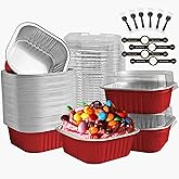 OBXMLFY Mini Cake Pans With Lids And Spoons 10 oz 50 Pack Individual Small Cake Aluminum Foil Pans Disposable Square Mini Brownie Baking Cupcake Liners Muffin Tin tins (Red, 10oz)