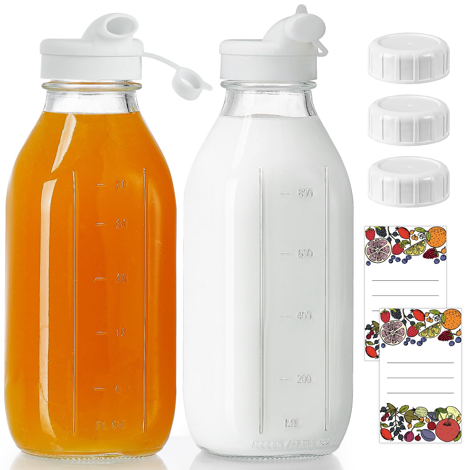 Absovetu 2 Pack Glass Milk Storage Bottles with Lids 1 Litre /33.8 oz - Glass Juice Bottles with Pour Spout Water Bottle Smoothie Bottle for Fridge