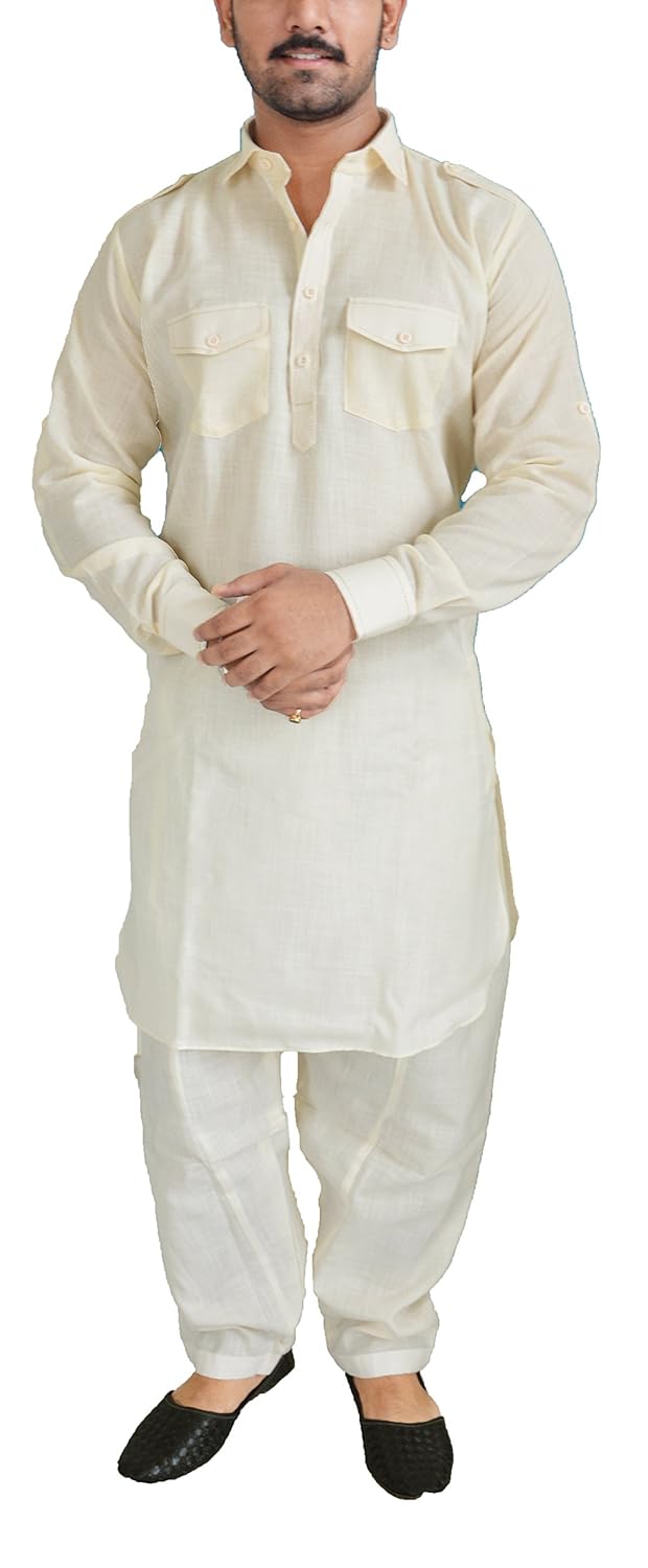 shahi libas men's cotton linen cream pathani kurta salwar