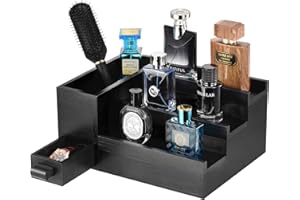 GLOKUUCA Perfume Stand Organizer for Men, 3 Tier Perfume Display Shelf with Velvet Lining Drawer and Hidden Compartment,Great Gift for Father, Men (Black - 1 Drawer)