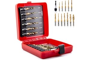 HIDOTOL Titanium Combination Drill and Tap Bits Set with Quick Change Adapter, 13 PC SAE/Metric Screw Taps, 3-in-1 Bit Tool for Drilling, Tapping and Countersinking