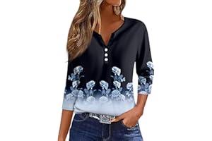 ZXCTKA Summer Plus Size Shirts for Women Button V Neck 3/4 Sleeve Tops Dressy Henley Floral Print Tees Tunic Casual Blouses