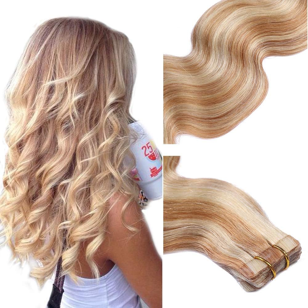 Curly Body Wave Tape in Hair Extensions #27 Strawberry Blonde with #613 Blonde Highlights 22" Wavy 60grams/20pcs Seamless Soft Silky Weft Human Hair Extensions