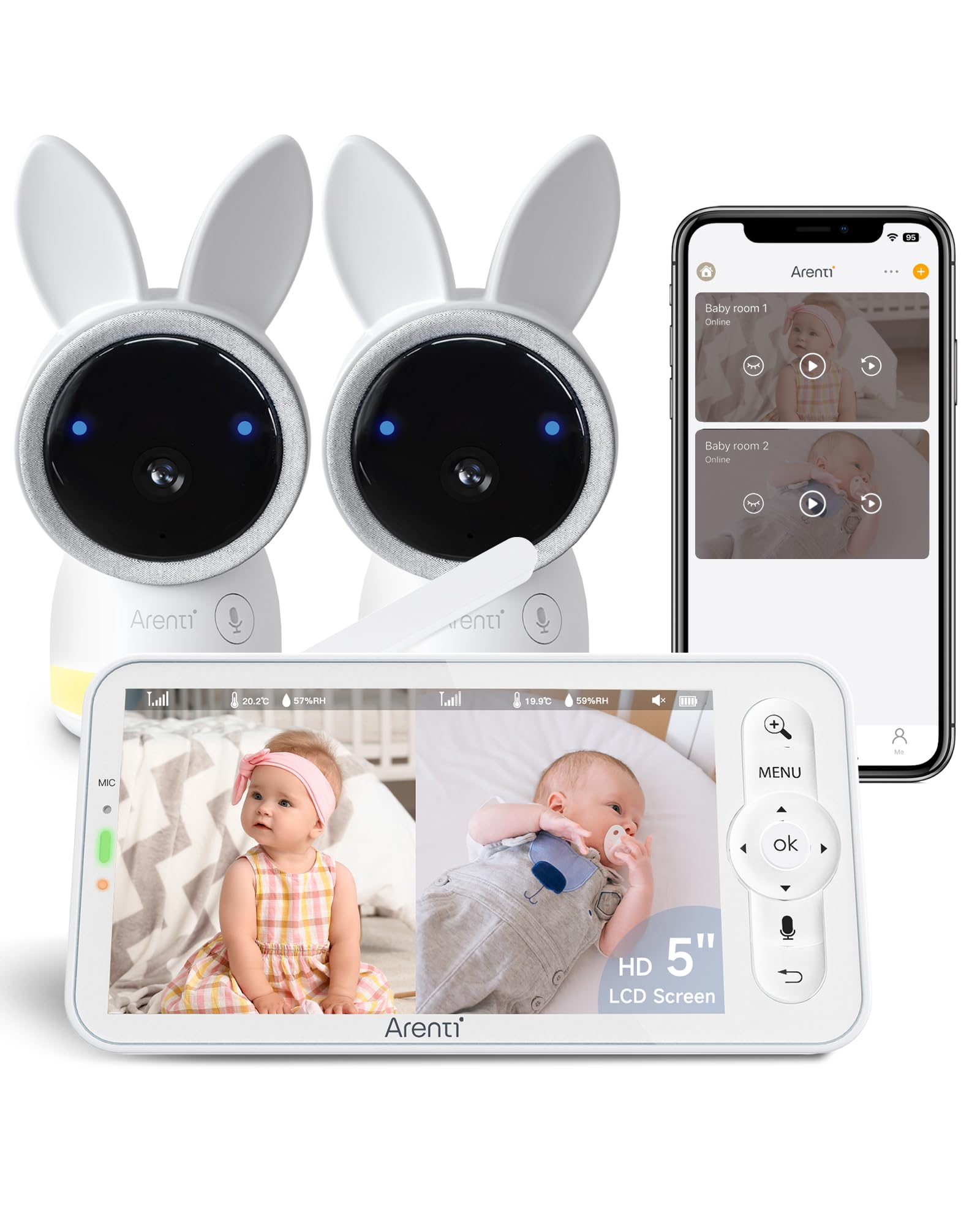 Photo 1 of ARENTI Baby Monitor with 2 Cameras, 2K Smart Baby Camera with 5'' Upgraded Wireless Display, Super Night Vision, Breathing Light, Lullabies, Cry&Motion Detection, Temp&Humidity Sensor, 2 Way Audio