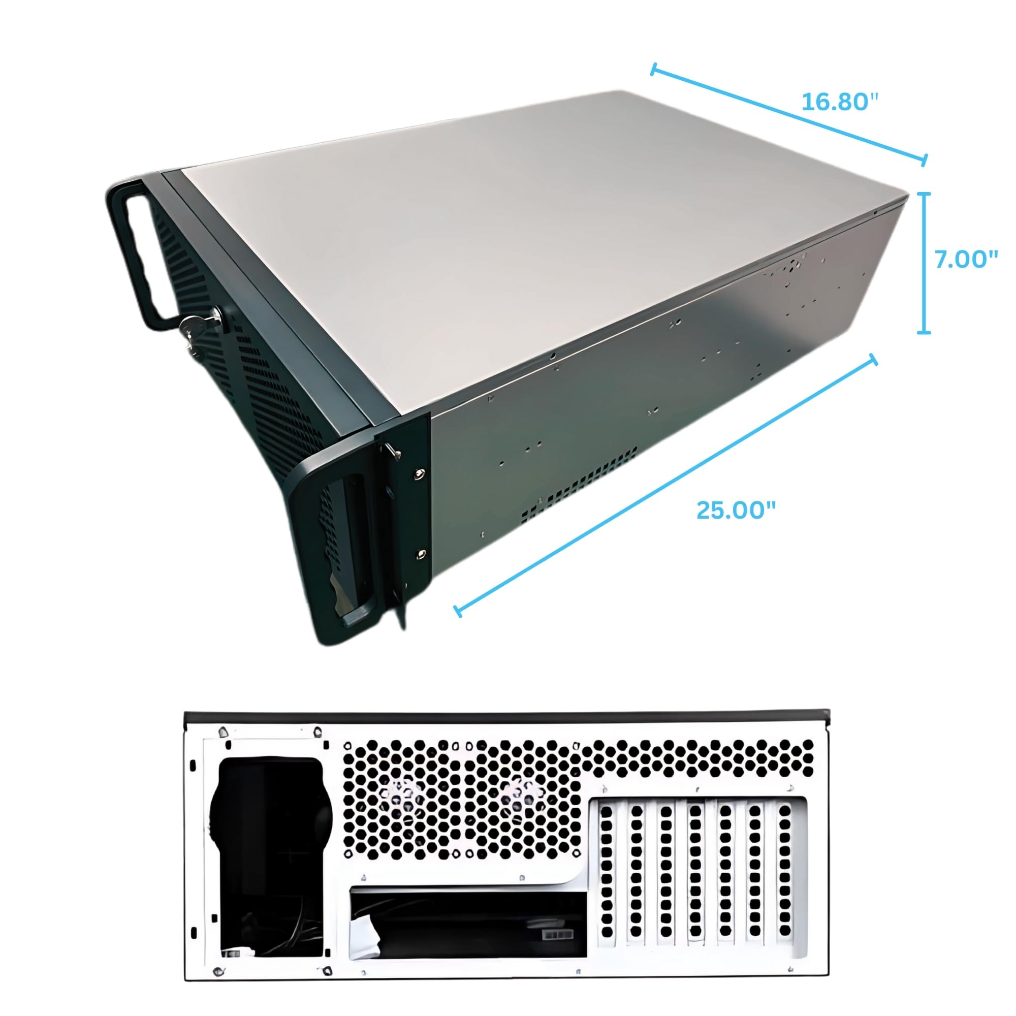 4U Server Chassis, Rackmount Server Case; 15x Hard Drive Bays, E-ATX/CEB/EEB/ATX Motherboard; Fan: Front 3X 120mm, Mid 3X 120mm, Rear 2X 80mm; Front Panel Lock; Size:16.8X 7.0X 25.0