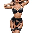 Avidlove Lingerie for Women Underwire Bra and Panty Sets 5 PCS Satin Lace Lingerie Set with Garter Belts