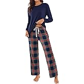 Ekouaer Womens 2 Piece Pajama Set Long Sleeve PJs with Plaid Pants Drawstring Elastic Waist Sleepwear Lounge Set