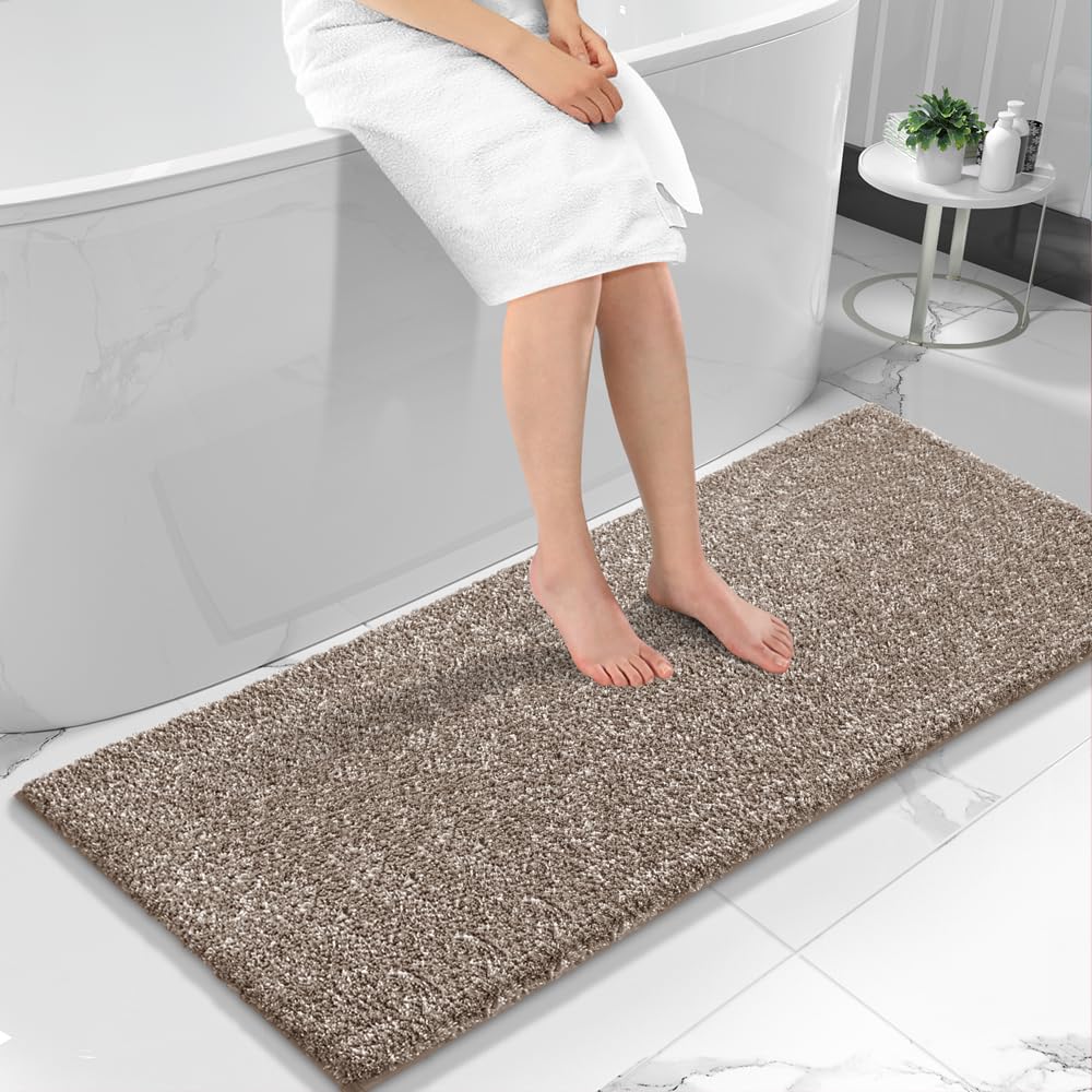 Yimobra Bathroom Runner Rug Non Slip Washable, Soft Absorbent Microfiber Long Bath Mat, Dual-Tone Decor Rug with Rubber Backing for Floor,Tub and Hallway,70x24,Home Essentials,Brown and White Image