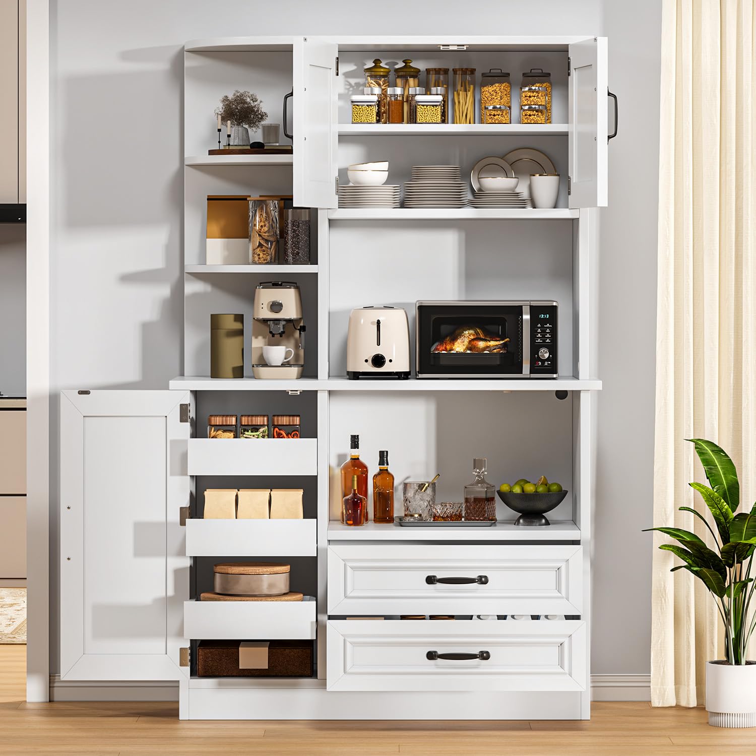Photo 1 of ***FOR PARTS ONLY/ HAS DAMAGED & MISSING PIECES*** DWVO Kitchen Pantry Storage Cabinet, 64" H Kitchen Hutch Cabinet with Power Outlet, Sliding Racks with Door, Drawers with Doors and 3-Tier External Shelves for Living Room, Dining Area (White)