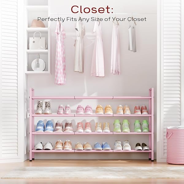 BUMUSTY 4-TIER LONG EXPANDABLE SHOE RACK FOR CLOSET, 18″-44″ ADJUSTABLE SHOE RACK FOR ENTRYWAY, 20-24PAIRS LARGE SHOE ORGANIZER SHELF STORAGE, STURDY METAL, BLACK