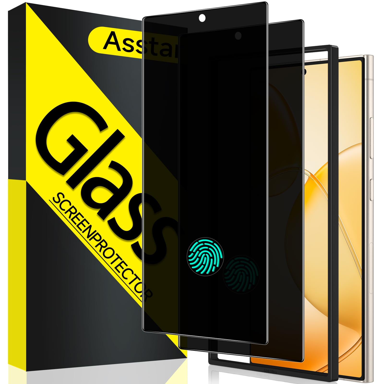 Asstar [2 Pack] Privacy Screen Protector for Samsung Galaxy S24 Ultra [Support 0.1S Fingerprint Unlock] 9H+ Tempered Glass [30°Anti-Spy] Upgrade Black Edge Protection,Easy Installation Accessories