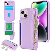 Cavor for iPhone 13 Case with Card Holder,for iPhone 14 Wallet Case for Women Men,Leather Magnetic Clasp Zipper Pocket Protective Phone Cover-Purple