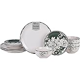 222 Fifth 12-Piece Porcelain Dinnerware Set for 4, White & Sage Green Plates and Bowls Set, Glossy Ceramic Dish Set with Detailed Floral Design, Microwave & Dishwasher Safe Dishes for Dining, Brittany