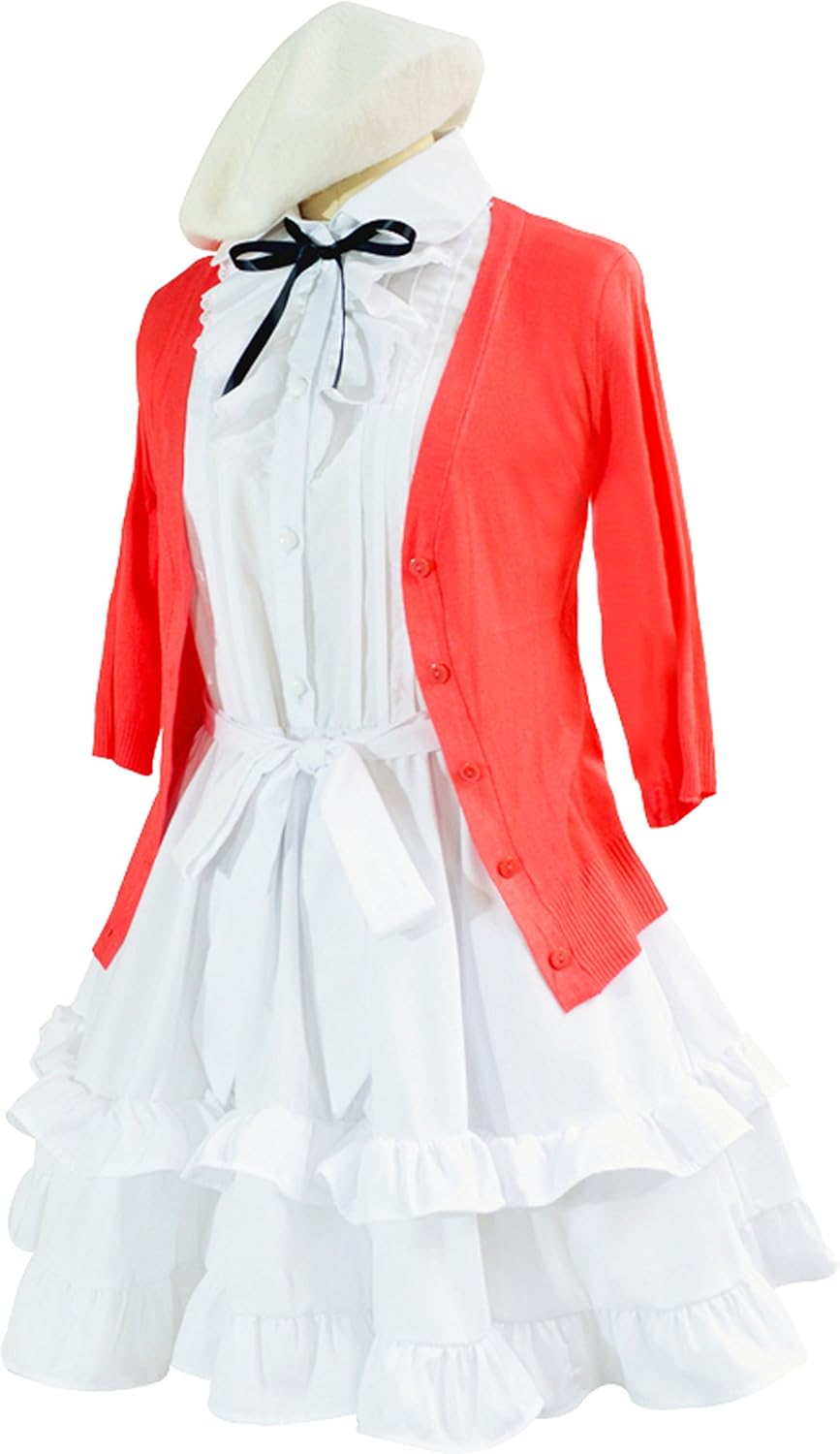 red dress with white cardigan