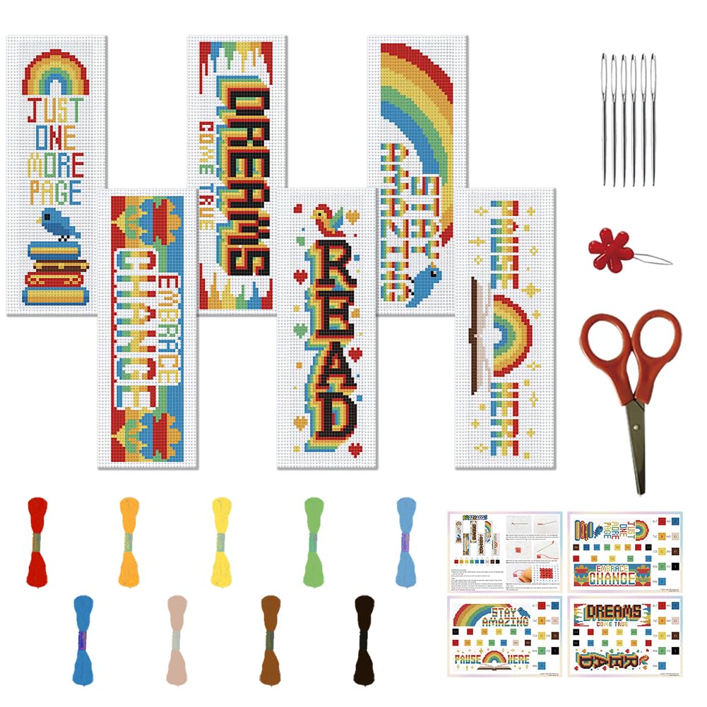 FREEBLOSS 6 Set Rainbow Cross Stitch Bookmark Kit Stamped Cross Stitch Kits for Beginners DIY Embroidery Bookmarks DIY Bookmark Kit for Adults Gift 6 * 20CM