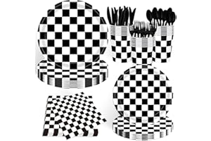 ASLERMURE 140 Pcs Race Car Birthday Party Decorations Black and White Checkered Plates and Napkins, Checkered Party Supplies Serves 20
