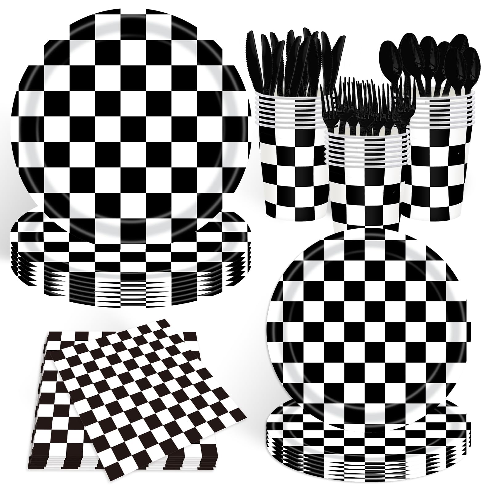 View 1 of 140 Pcs Race Car Birthday Party Decorations Black and White Checkered Plates and Napkins, Checkered Party Supplies Serves 20