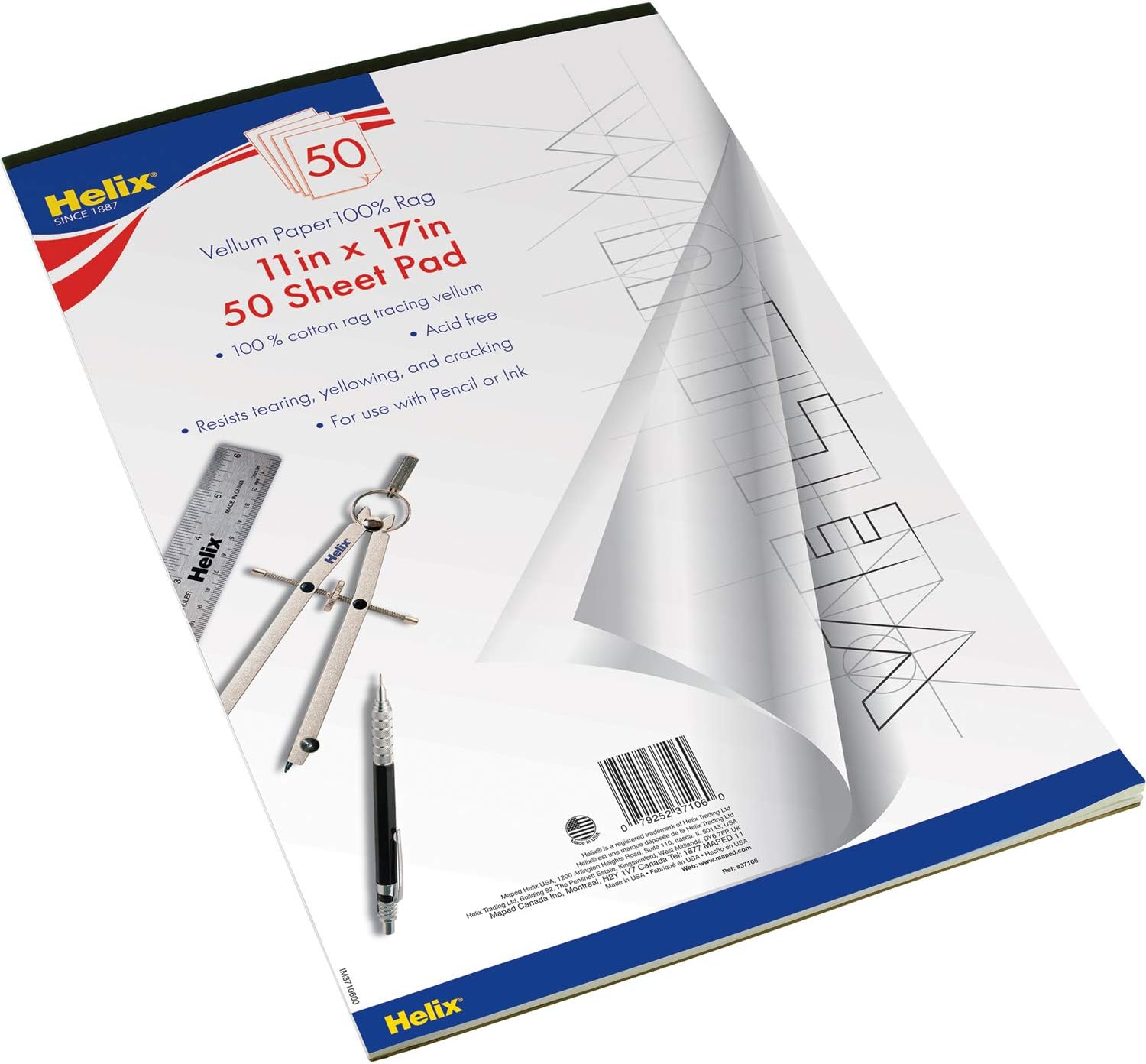 Helix Vellum Paper Pad for Art Sketching and Tracing, White Translucent, 100% Rag, 11 x 17 Inches, 50 Sheets (37106) : Art Supplies : Office Products