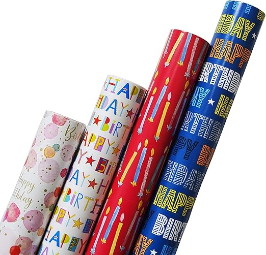 Pack of 4 x 3M Happy Birthday Gift Wrapping Paper roll Amazon.co.uk