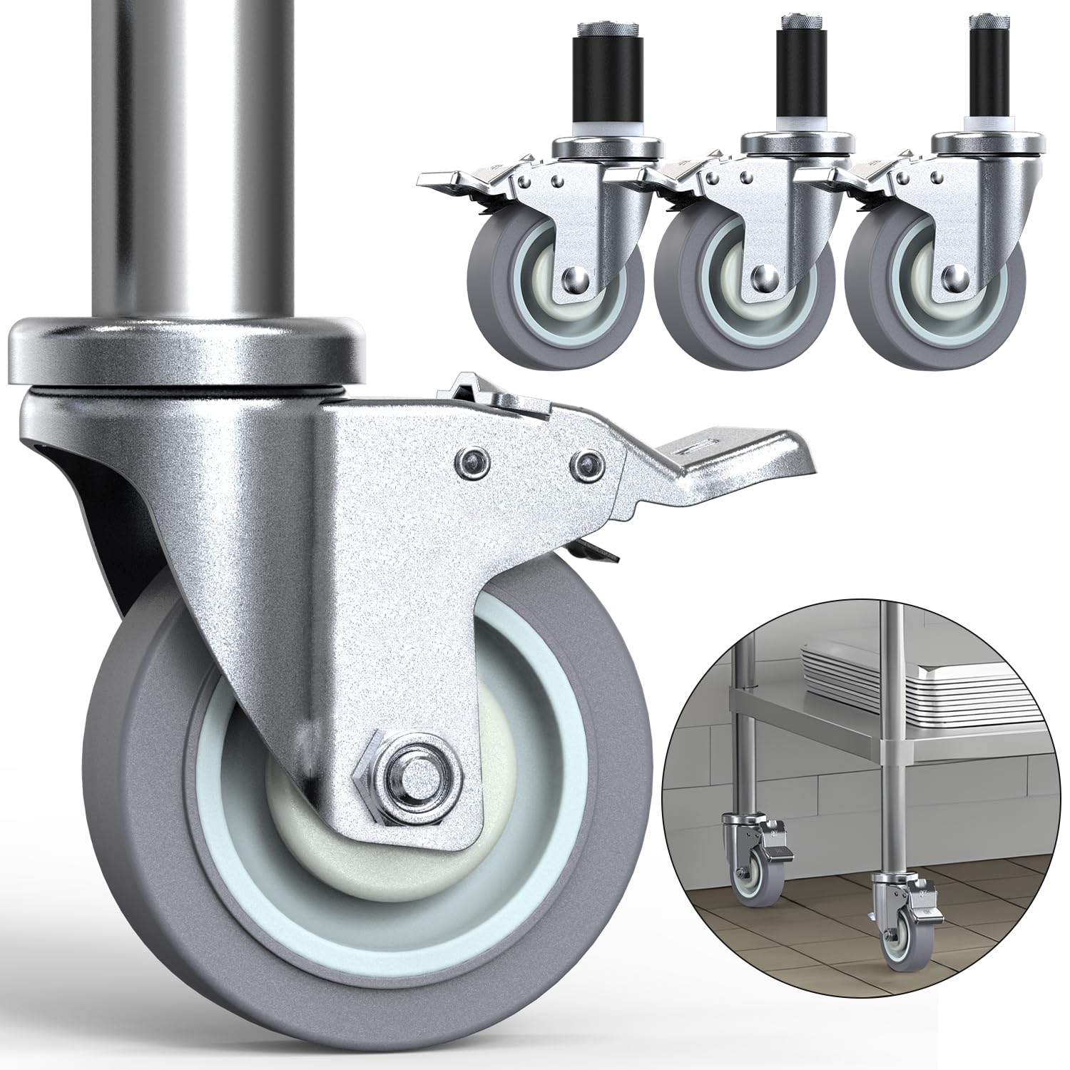 Photo 1 of HOLKIE Caster Wheels Locking 4 Inch Adjustable Expanding Stem Casters, Threaded Swivel Casters Set of 4 Heavy Duty Castors Black, Fit for Most Tube Leg, Stainless Steel Table, Cart, Furniture Legs