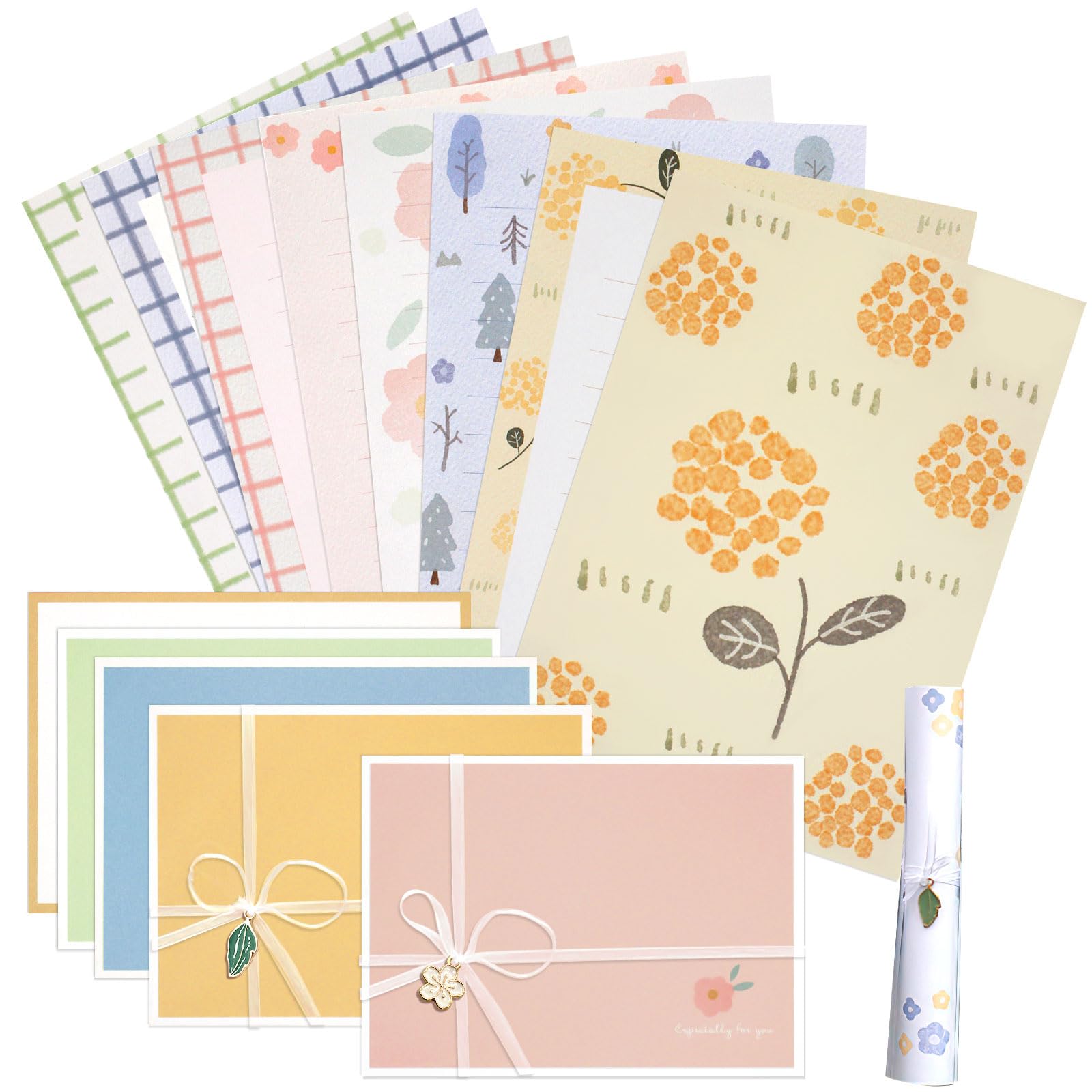 KSIWRE 48 PCS Stationery Set, 16 PCS Lined Writing Paper with 8 Matching Envelopes, Cute Floral Stationary Set for Writing Letters, Poem, Office, School Supplies