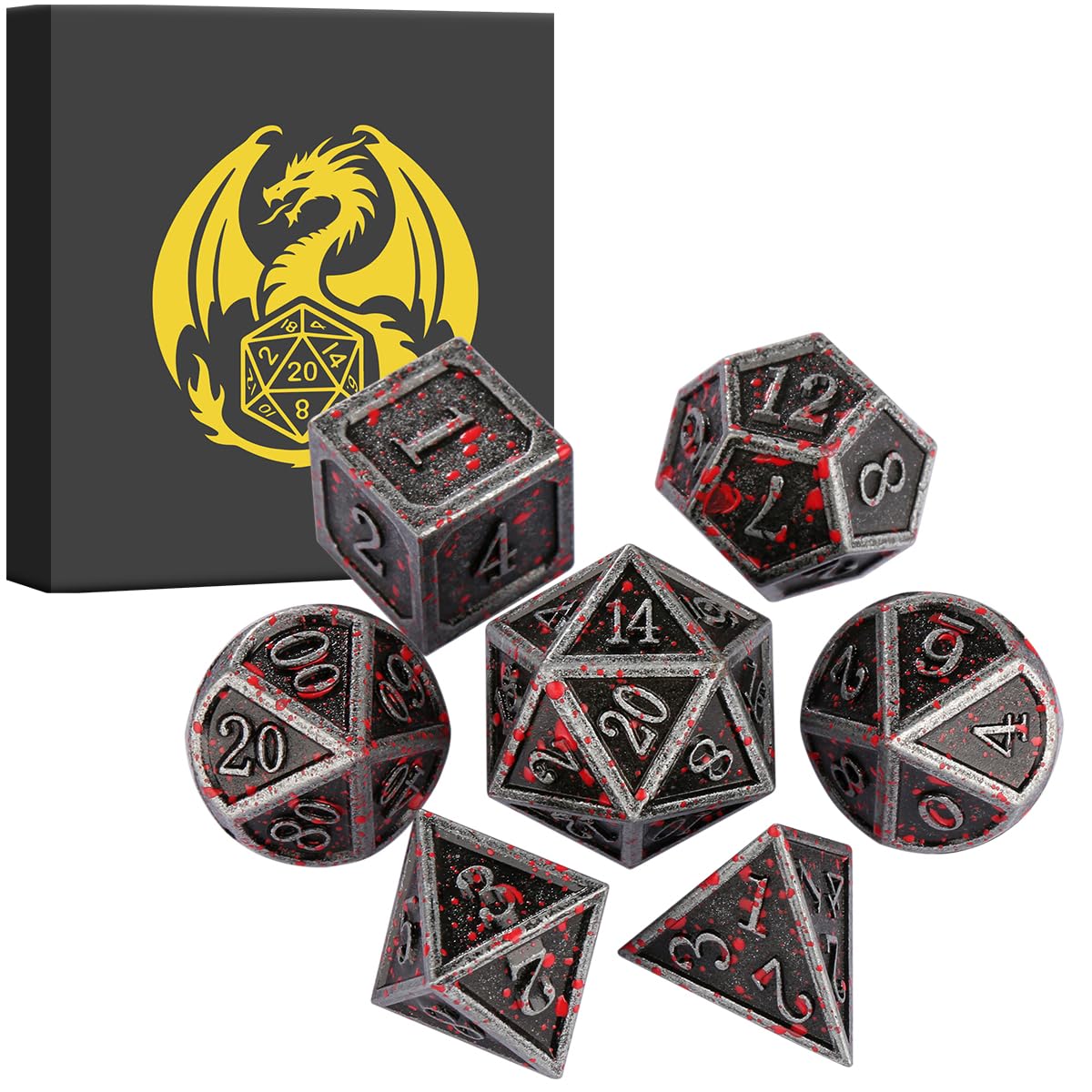 Metal Dice Set, 7pcs Polyhedral Metal DND Dice Set, DND Starter Set, D&D Gifts with Gift box, Role Playing Board Games Accessories, Bloodstained Silver