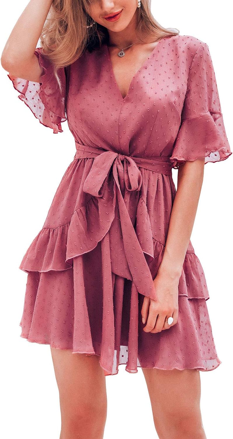 Women's Summer V Neck Chiffon Ruffle Mini Dress Elegant Tie Waist Short Sundress