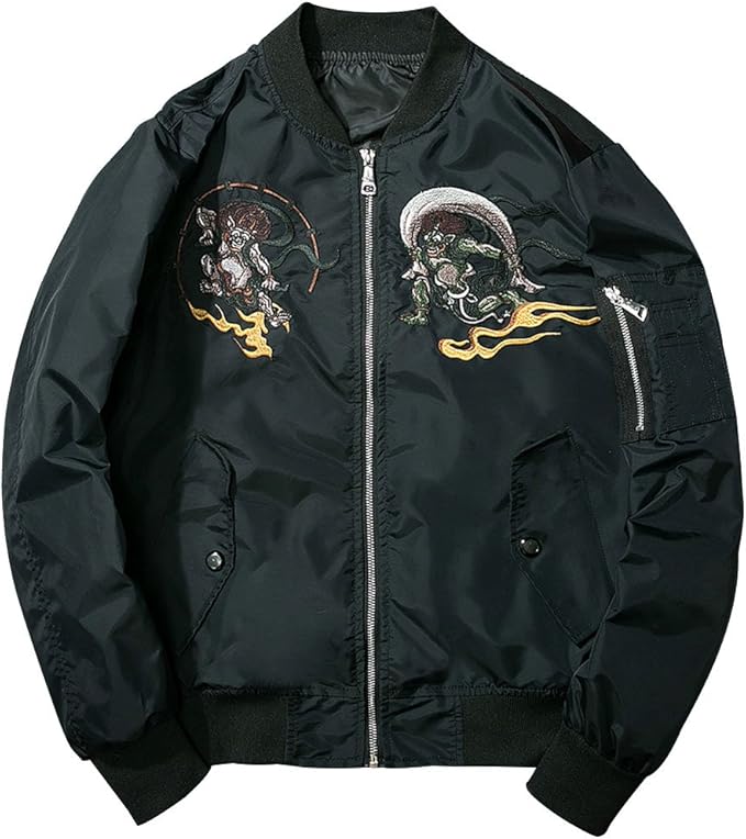 Amazon Bankiku バンキク スカジャン 風神雷神 メンズ 無地 Ma 1 刺繍 バイク ジャンバー ミリタリー 作業着 ライダース ジャケット 薄手 中綿 黒 コート ジャケット 通販