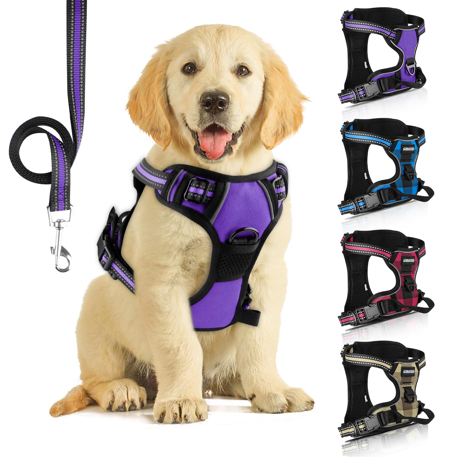 No Pull Dog Harness with Leash included,Perfect Breathable Adjustable fit Harness Heavy Duty Reflective Front Harness,Best for Small Medium Large Dogs Outdoor Training (Baby Purple, L)
