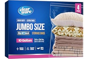 CLEARWARE 4 Count - Large Plastic Bags With Zipper Top, 10 Gallon Size 24" x 24", Extra Large Storage Bags, For Clothes, Travel, Moving, BPA-Free, Heavy Duty 3-Mil Thick Large Clear Plastic Bags (4)