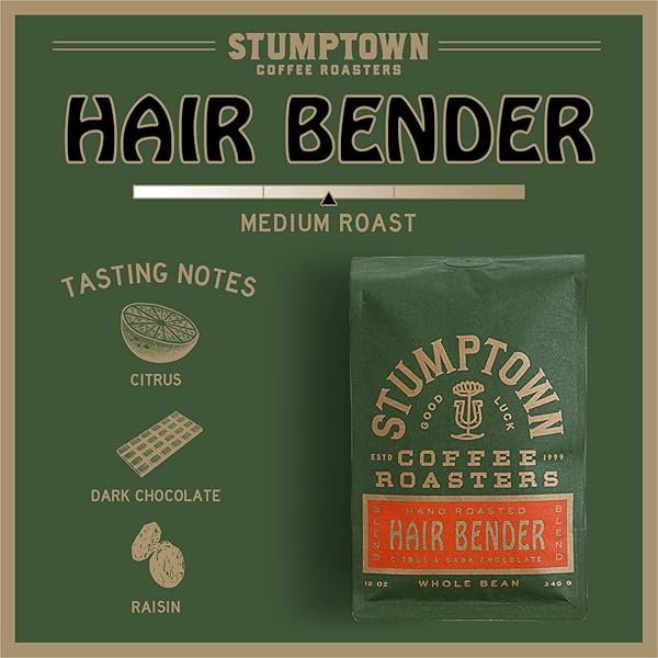 STUMPTOWN COFFEE ROASTERS, MEDIUM ROAST WHOLE BEAN COFFEE, 100% ARABICA COFFEE – HAIR BENDER 12 OUNCE BAG WITH FLAVOR NOTES OF CITRUS AND DARK CHOCOLATE