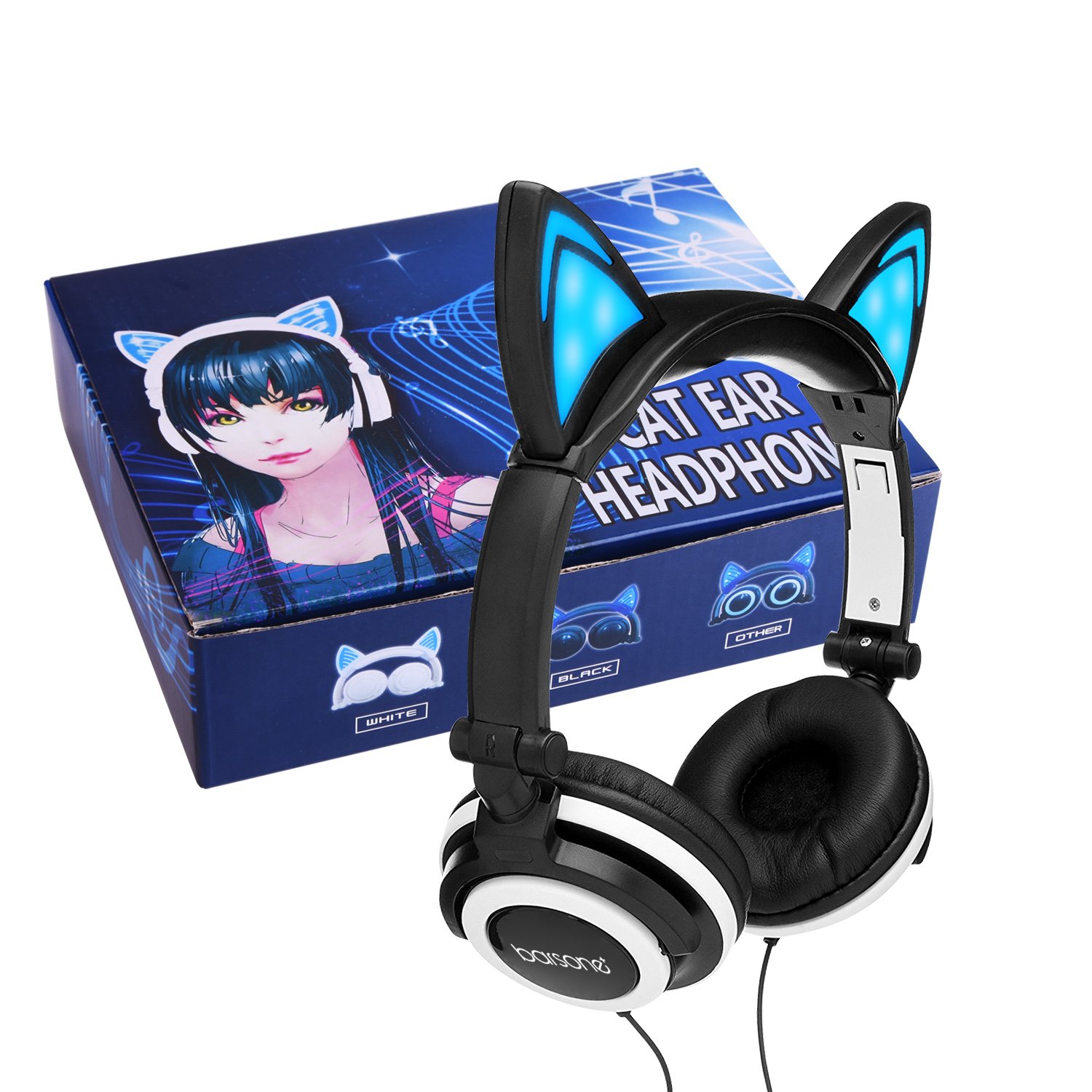 Barsone Cascos Brillanate Como Orejas de Gato para Los Niños, Auriculares de Diadema Plegables con Luz LED para Casi Todos Los 3.5mm Dispositivos de Interfaz (Negro)