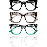 EYEURL Oversized Reading Glasses for Women Square Blue Light Glasses | 4-Pack Mens Blue Light Blocking Glasses Trendy Square Computer Readers,All-Day Comfort Spring Hinges,Anti Eyestrain/UV