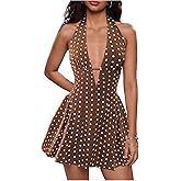 Floerns Women's Cute Vacation Vintage Polka Dots Deep V Neck Halter Dress Ruffle Backless Sleeveless A Line Mini Dresses