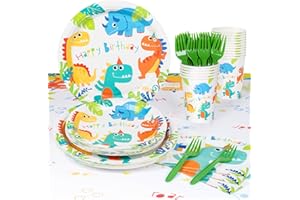 DECORLIFE Dinosaur Birthday Party Supplies Serves 16 with Tablecloth, Dinosaur Plates and Napkins for Boys, Complete Pack Include Cups and Forks , Total 81pcs