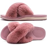 COFACE Womens Fuzzy Slides Fluff Fax Fur Cross Slippers Open Toe Yoga Mat House Slippers Sandals With Arch Support For Indoor/Outdoor