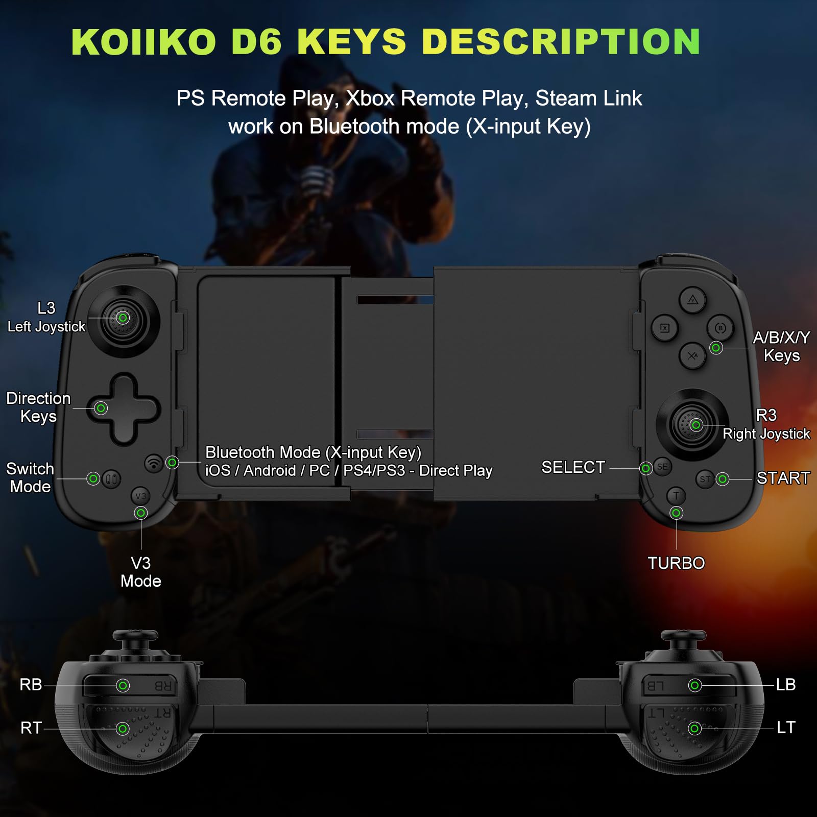Koiiko Phone Game Controller for iPhone/Android/PC/Switch, Wireless, Play COD, Genshin, Diablo, Support Streaming on PS5/PS4/Xbox/PC Console, Cloud Gaming, Turbo/6-Axis Gyro/Dual Motor