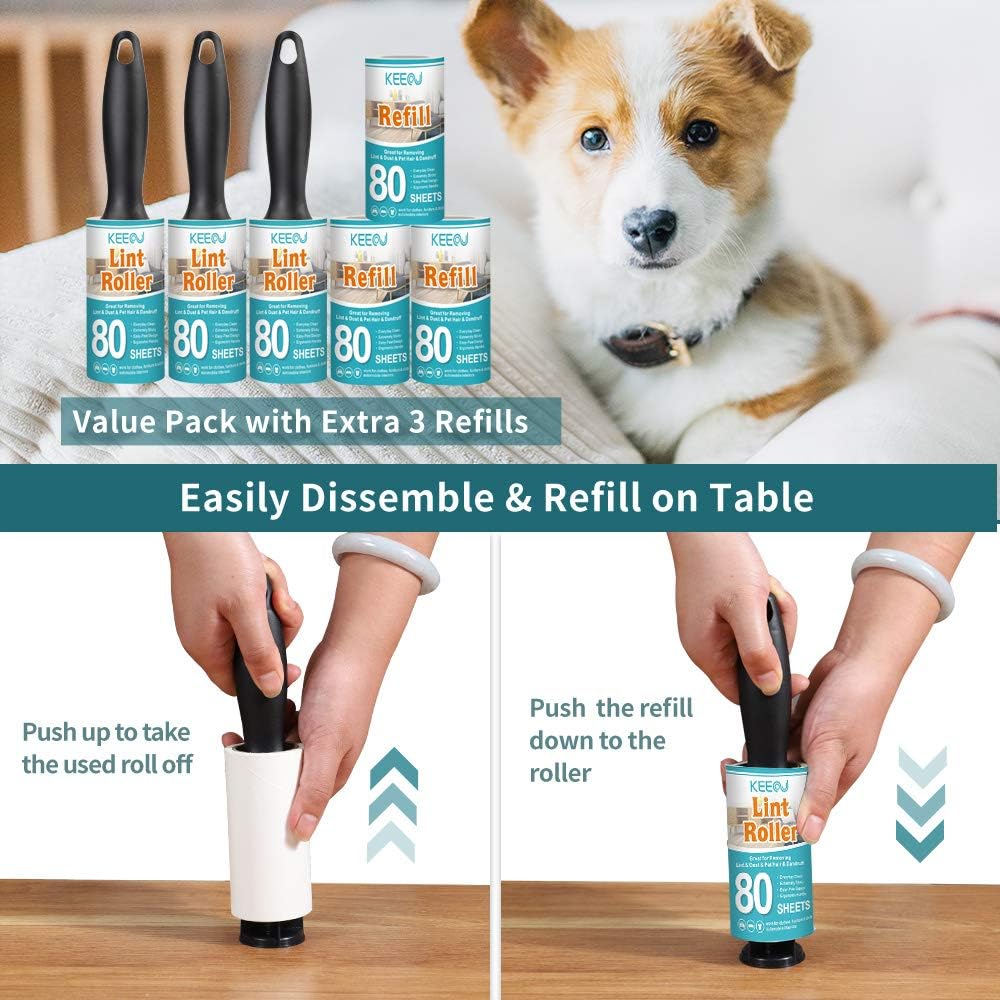 KEEOU Lint Rollers for Pet Hair, [480 Sheets Extra Sticky] Pet Hair Lint Remover with 3 Rollers + 3 Refills, Lint Roller Value Set Brush for Dog & Cat Hair Removal, Clothes, Funitures, Car (6 Pack): Home & Kitchen