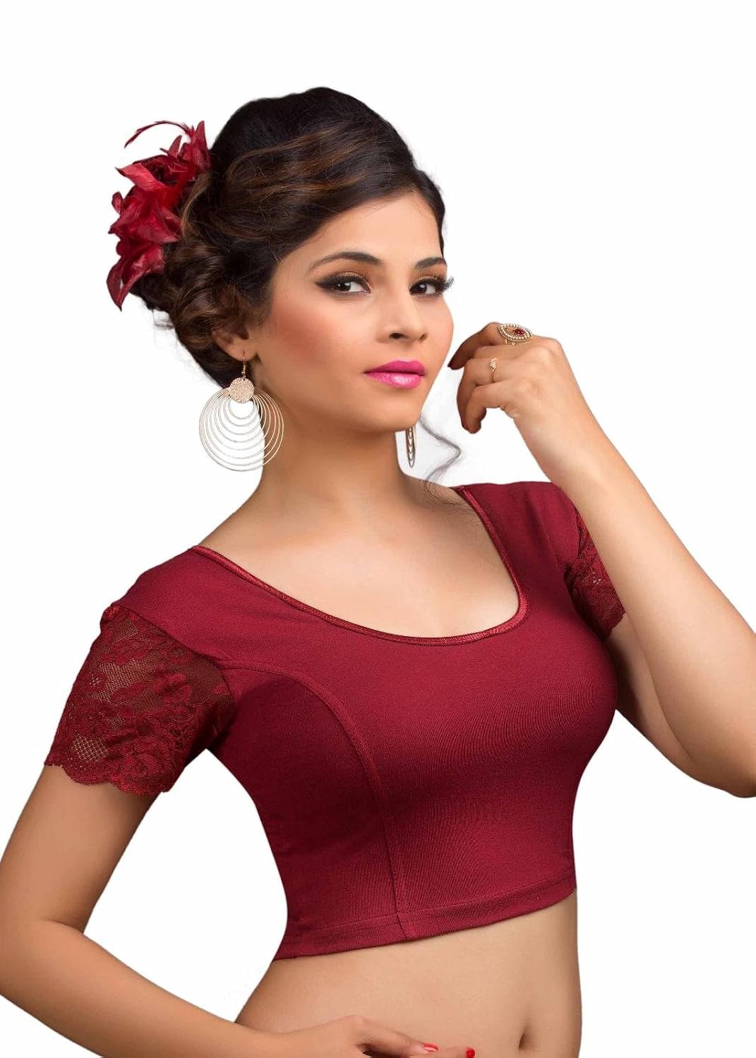 salwar studio women's maroon cotton lycra strechable readymade saree blouse