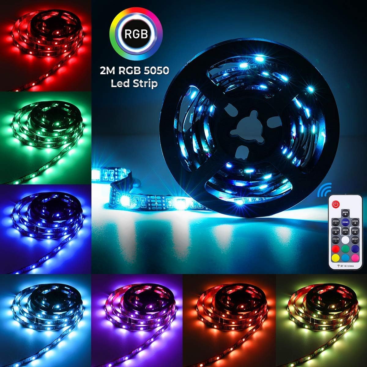 LED Strip Lights, Elfeland TV LED Lights 5050 2M TV Lighting RGB 7 Colors USB Port 3 Connecting Wire CE/FCC/ROHS Certification LED Light Strips with Wireless Remote Control Ideal for Living Room Show Room [Energy Class A+]