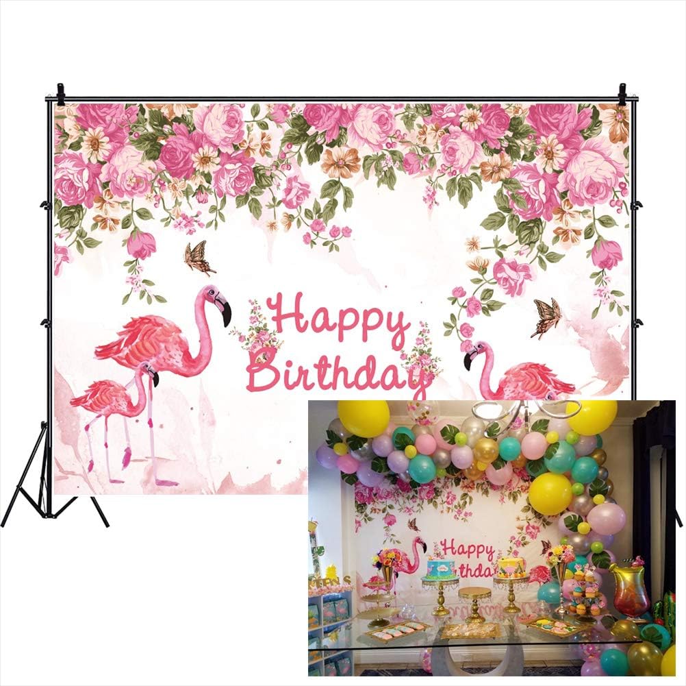 DORCEV 5x3ft Pink Flamingo Theme Birthday Party Photography Backdrop Girls Princess Birthday Party Cake Table Decoration Background Portraits Photo Props
