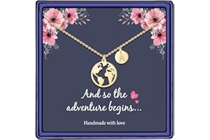 HIDEPOO Graduation Gifts for Her, 14K Gold Plated Graduation Necklace Disc Double Side Engraved Hammered Initial Necklace Earth World Map Necklace College High School Graduation Gifts for Her