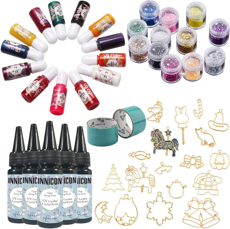 INNICON 5X 30ML Clear Casting and Coating UV Resin 13X Epoxy dye 12X Sequins Glitters Decorations 14x Open Back Bezels 2 Traceless Tape for Pendants Necklaces Earrings Bracelets Charms Gift
