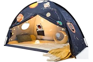 Tiny Land Space Galaxy Bed Tent for Kids – Sleep Bed Canopy with 9 Planets Design, Easy-to-Install Indoor Kids Play Tent, Imaginative Playhouse, Ideal Gift for Boys & Girls – 77" x 40" x 46"
