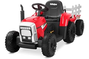 Kidzone 12V 7AH Premium Version with EVA Treaded Tires Dual 35W Motors Boost Power Torque Remote Control Powered Electric Tractor with Trailer Toddler Ride On Toy 3-Gear-Shift, 7-LED Lights, MP3