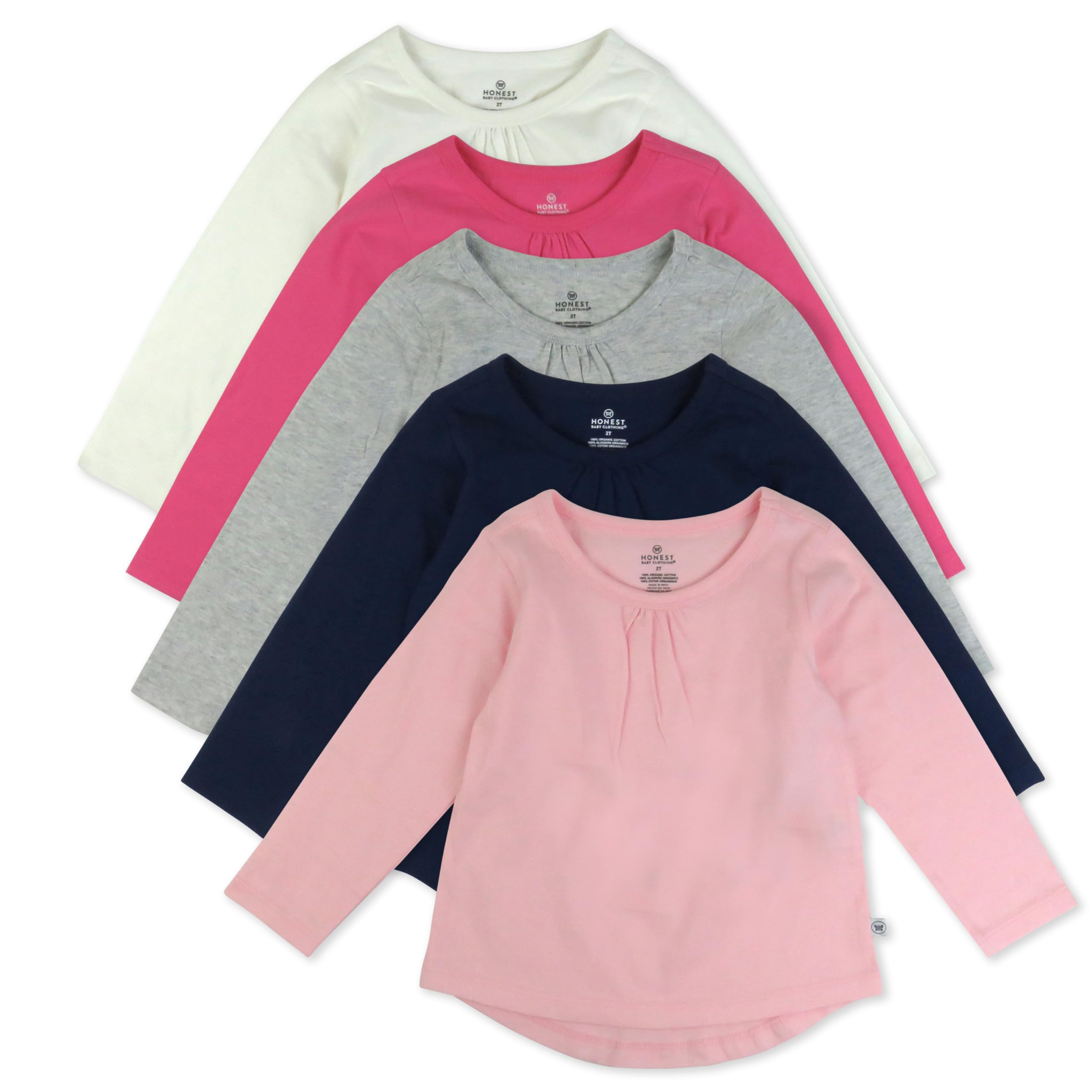 HonestBaby 5-Pack Long Sleeve T-Shirt Set with Front Gathering 100% Organic Cotton for Toddlers, Infant Baby Girls, Varsity Pink, 5T