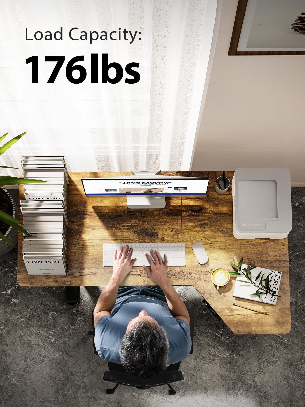 Marsail L Shaped Electric Standing Desk, 55x34 Inch Standing Desk Adjustable Height with Headphone Hook, Large Computer Desk Sit Stand Desk for Home Office Sturdy Writing Workstation, Vintage
