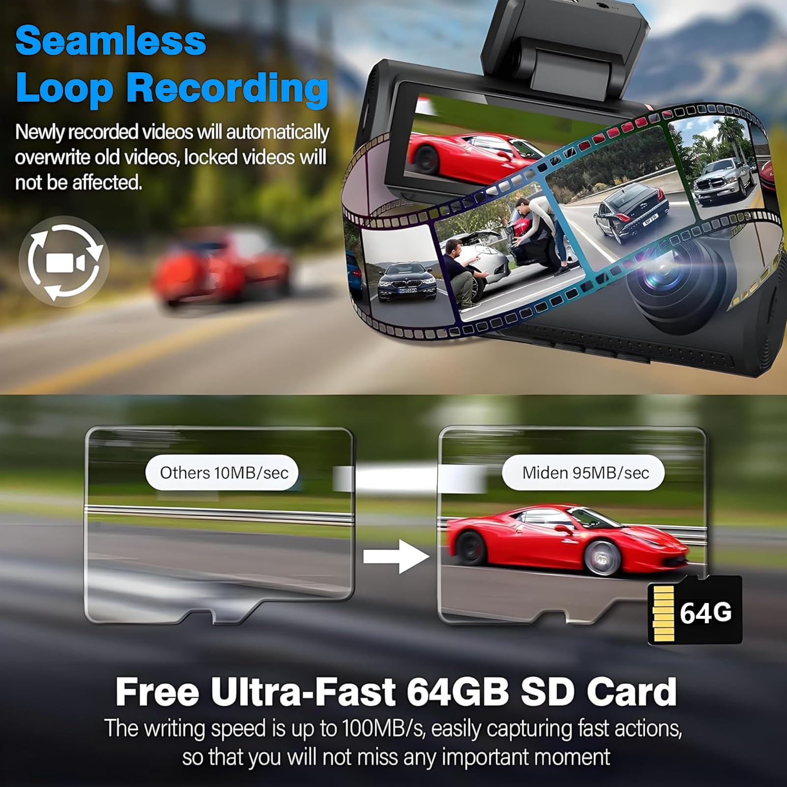 4K Dual Channel Dash Cam Front and Rear, Free 64GB Card Included, 5.8GHz WiFi Dash Camera for Cars, Built-in GPS, G-Sensor, 170°Wide Angle, 3