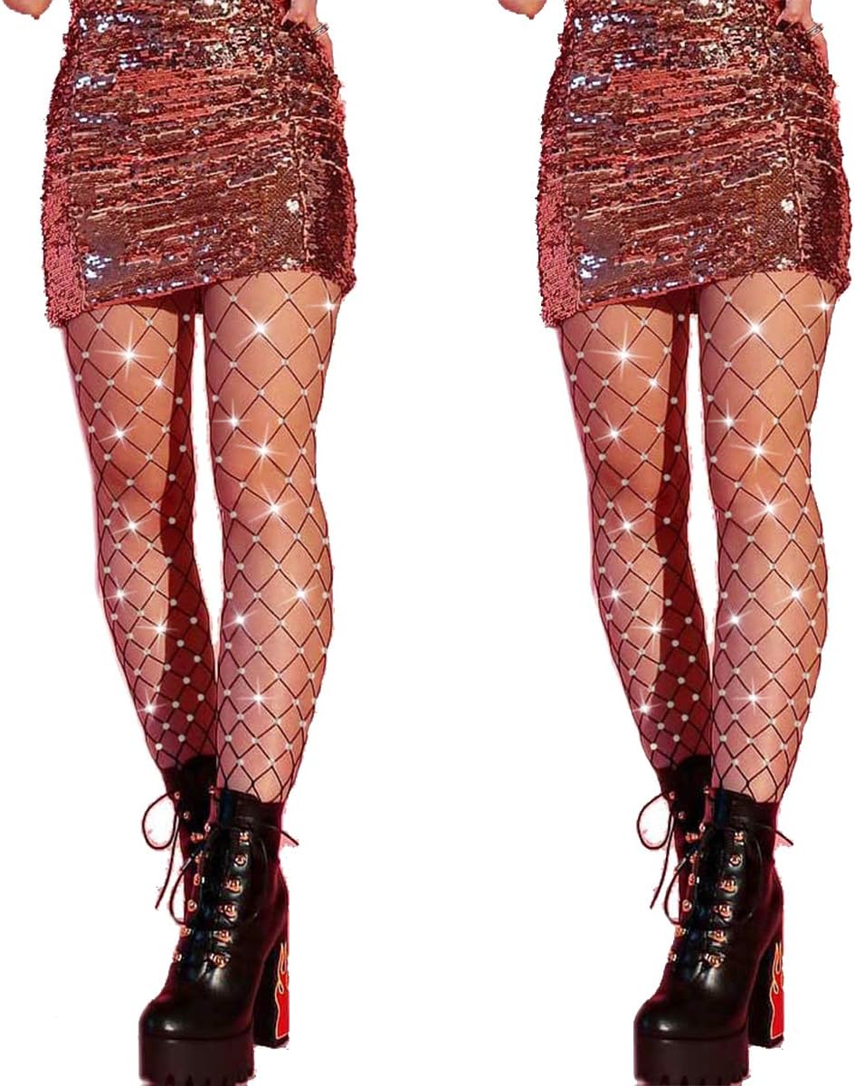 DancMolly Sparkle Rhinestone Fishnet Stockings Crystal High Waist Mesh Hollow Out Pantyhose for Women Tights Set
